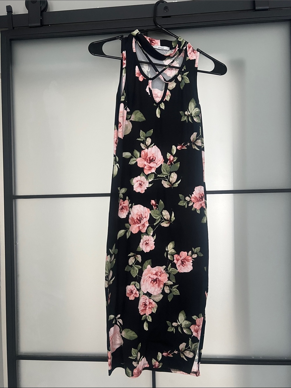 Sleeveless Black Floral Midi Dress with Pink Roses